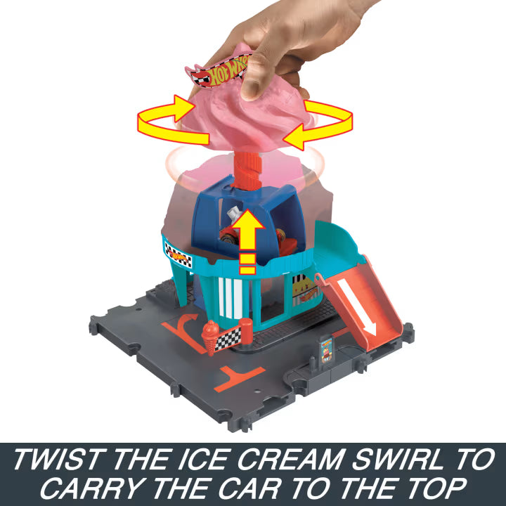 Pista Hot Wheels City Downtown Ice Cream Swirl de la serie “Let's Race” con 1 coche de juguete