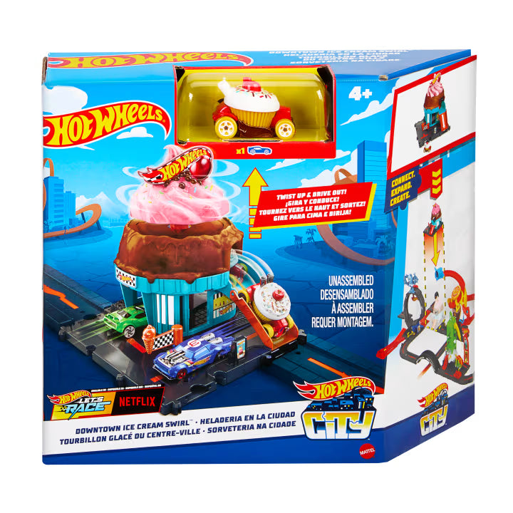 Pista Hot Wheels City Downtown Ice Cream Swirl de la serie “Let's Race” con 1 coche de juguete