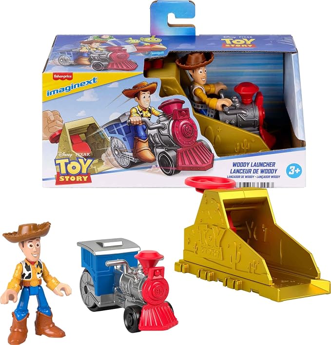 Fisher-Price - Juego de lanzador de Toy Story con figura de acción Woody y vehículo